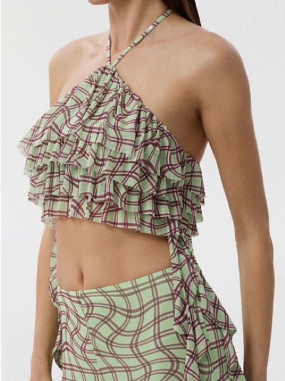 AFRM Green and Brown Plaid Ruffled Halter Crop Top
